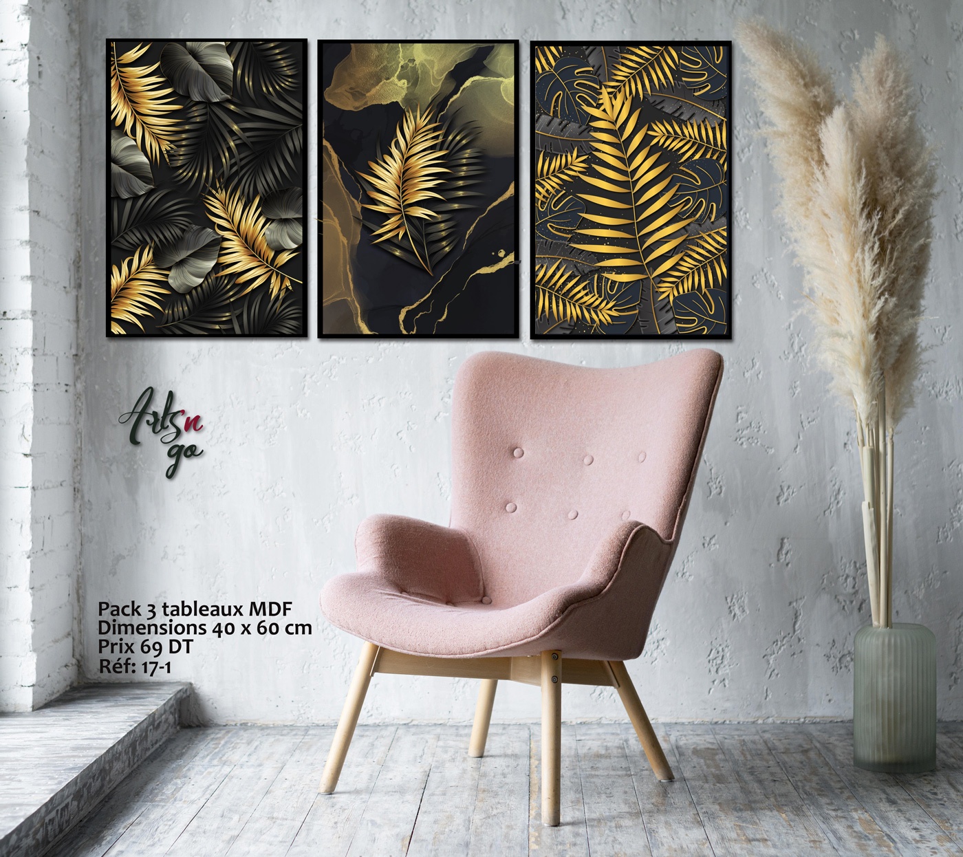 Pack 3 Tableaux d'art Or